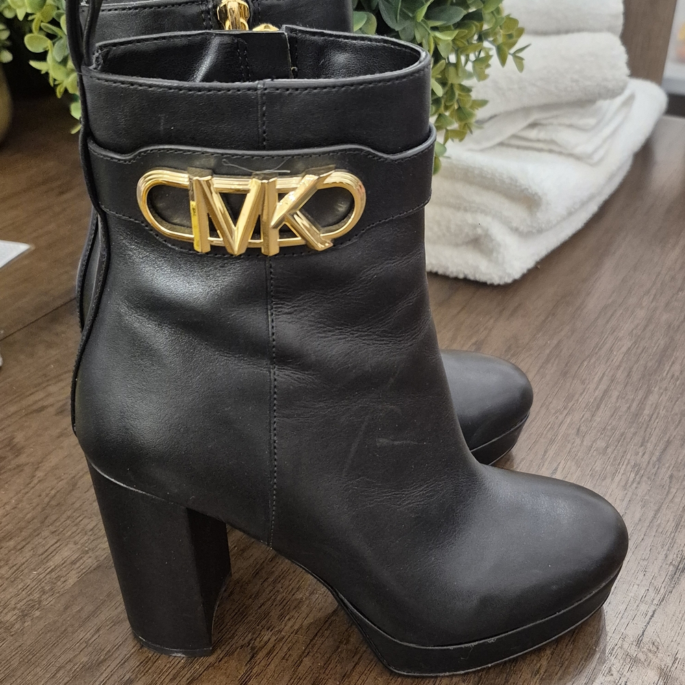 Michael Kors Black Heeled Boots with Gold Accents